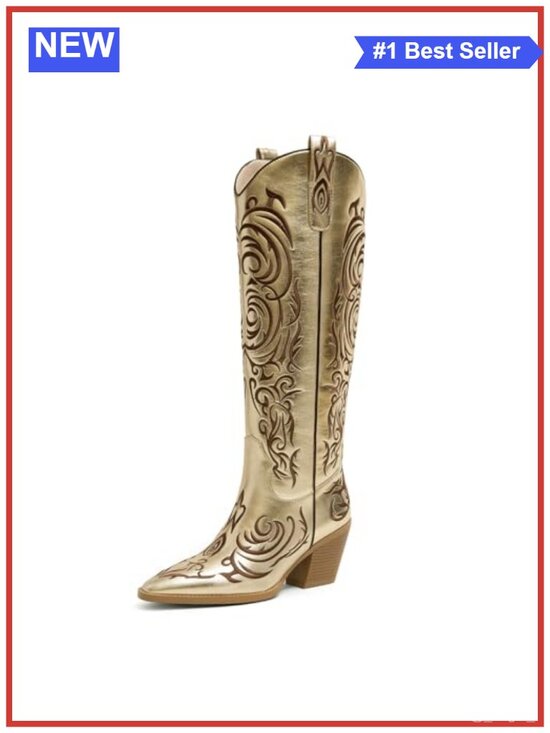 Shoes - Maxlolly Knee-High Western Boots Pointed Toe Faux Leather Embroidered